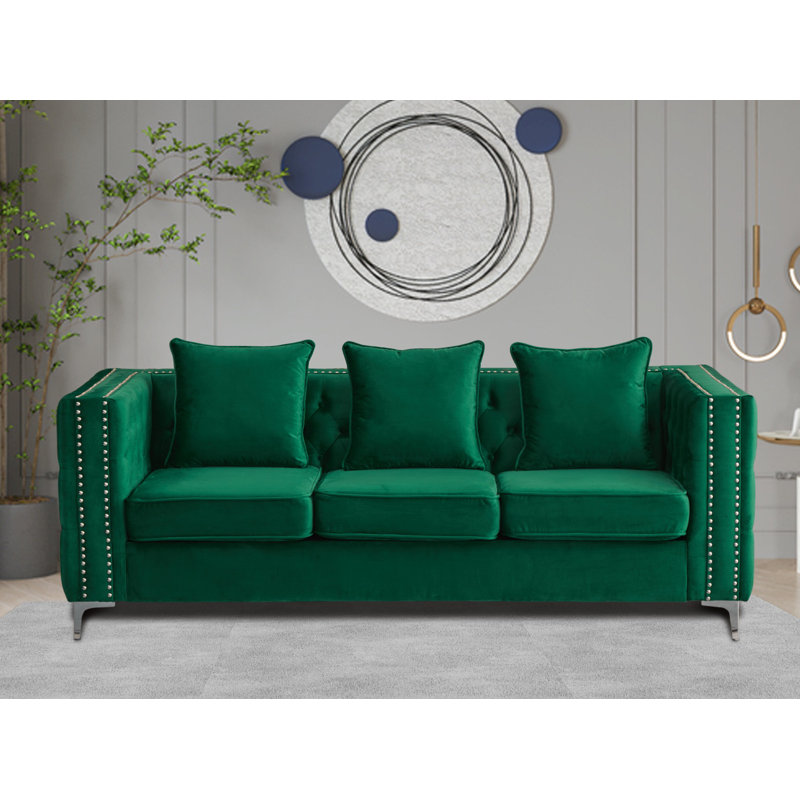 Vanida Charterhouse 86.4" Velvet Tuxedo Arm Sofa, Green Velvet