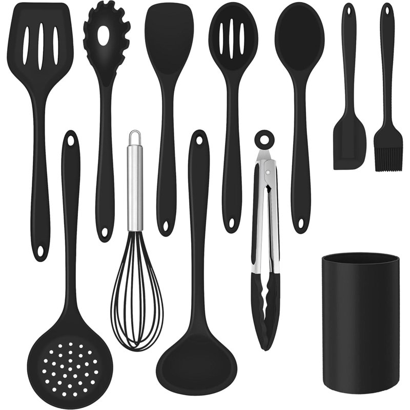 Kitchen Utensils Set Of 12, Silicone Cooking Utensils Set With Holder For Baking, Cooking, Non Stick & Heat Resistant Cookware Include Spatula Whisk Spoon Turner Tongs, Dishwasher Safe (Black)