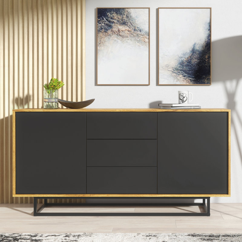 Vintage Loft Industrial Sideboard with Cabinet, Cupboard, and Drawers, Oak/Black