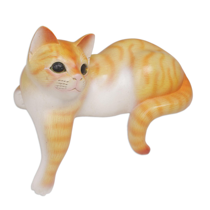 Erhart Watchful Cat Wood Sculpture, Orange