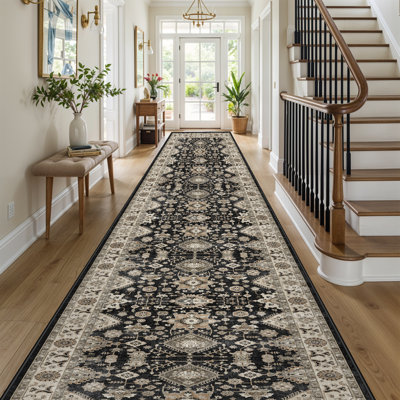 Tapis de couloir lavable: Tapis antidérapant avec envers en caoutchouc Tapis de cuisine doux Tapis de ferme patiné pour le salon, la chambre et la salle de bain (noir)