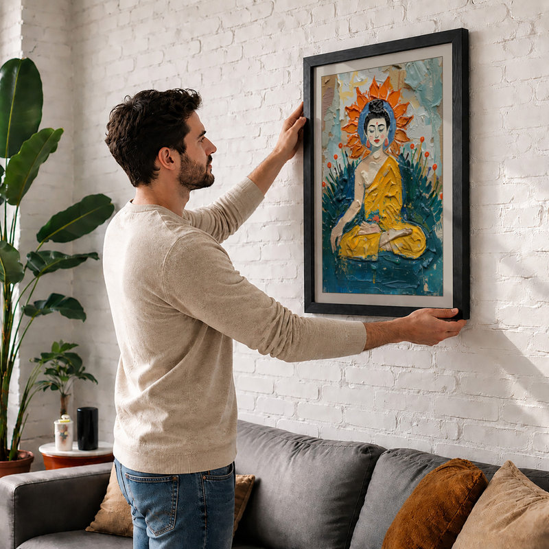 Seated in Golden Light Boho - Framed Print, A2 - 59.4 x 42.0 cm, Oak