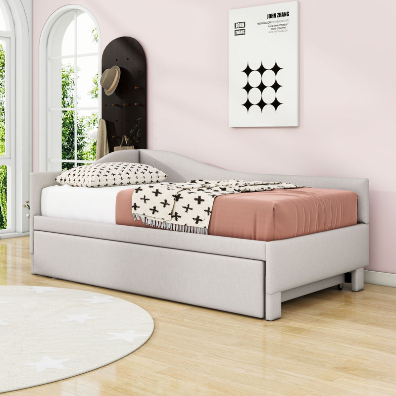 Twin Wooden Upholstered Daybed with Twin Trundle and Slats, Beige