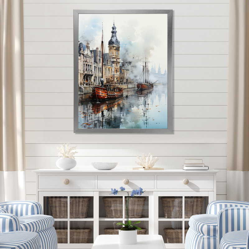«Old Ship Boat At The Port I», reproduction sur toile, Cadre simple argenté, H 40 po x l 30 po x P 1,5 po