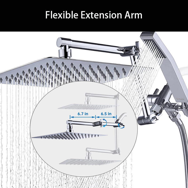 10 Inches Rainfall Shower Head With Handheld Spray Combo,  Adjustable Extension Arm, 71 Inches Stainless Steel Hose, Chrome