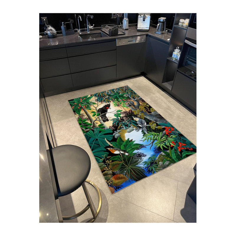 Tapis tissé à motif oiseau et forêt, Sous-tapis rectangulaire de 3 pi 3 po x 4 pi 11 po