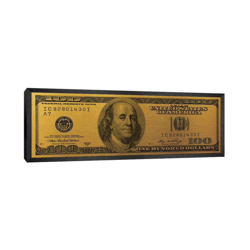 Hundred Dollar Bill - Gold - Panoramic Print on Canvas, 40.64cm H x 121.92cm W x 3.81cm D, Black Framed