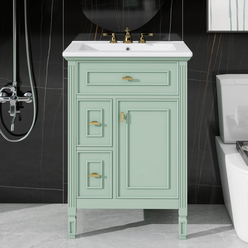 Meuble-lavabo autoportant de 24 pouces avec lavabo - Armoire en bois massif et panneau de fibres à densité moyenne, un tiroir rabattable, deux tiroirs standard, une tablette réglable