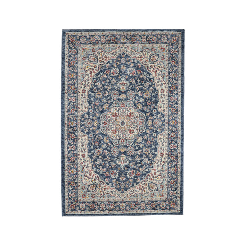 Navy and Cream Rectangular Chenille Medallion Area Rug