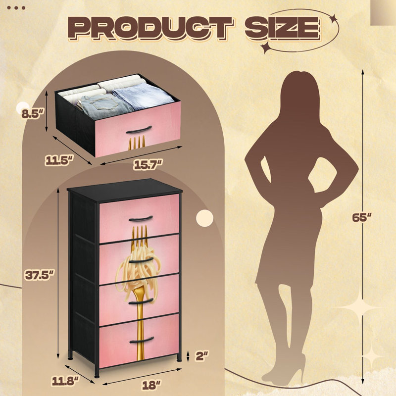 Commode pour la chambre à coucher avec 4 tiroirs de rangement Fourchette dorée tourbillonnante à pâtes crémeuses Rose