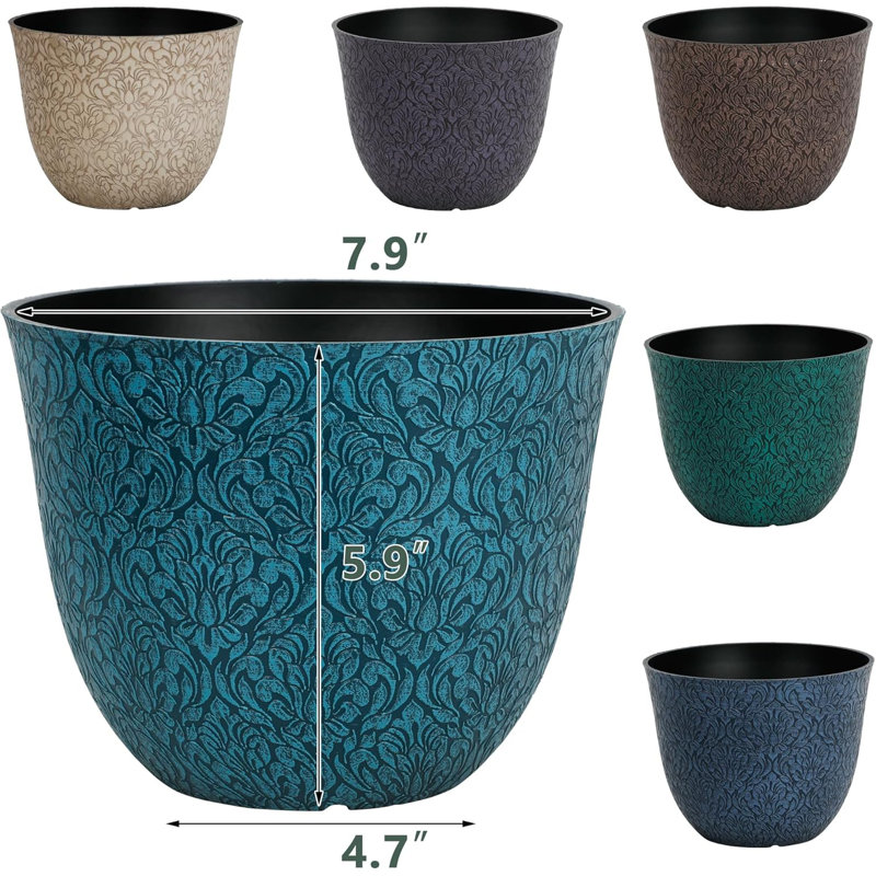 Ensemble de 6 pots à fleurs ronds en plastique pour plantes d'intérieur de 6 pouces en résine colorée avec trou de drainage en caoutchouc
