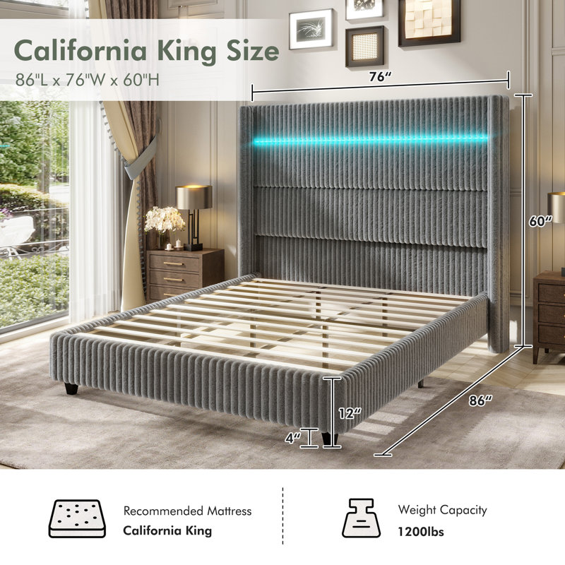 Shontice California Gray 60" Tall Faux-Fur Wingback Bed with LED Lights and USB Charging, Gray, California King