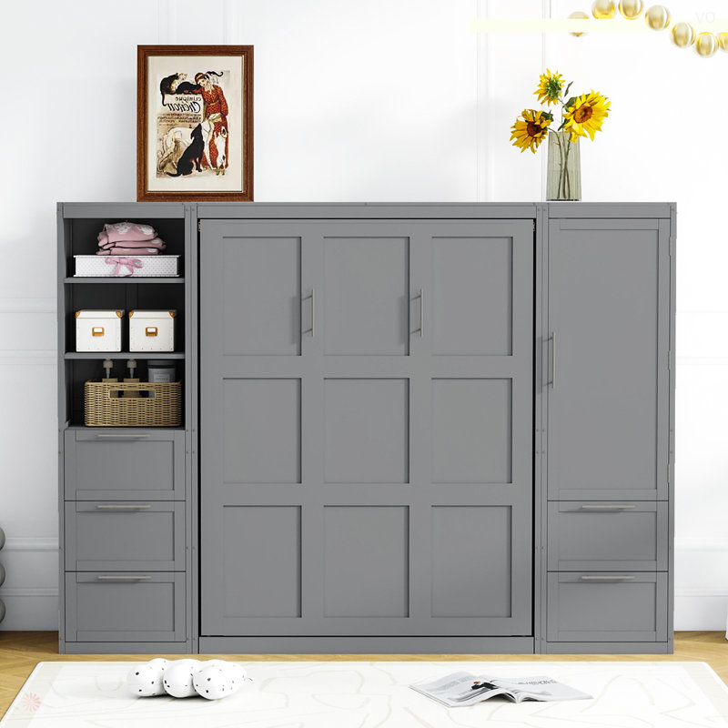 Lit escamotable Murphy avec placard, tiroirs et tablettes, Gris
