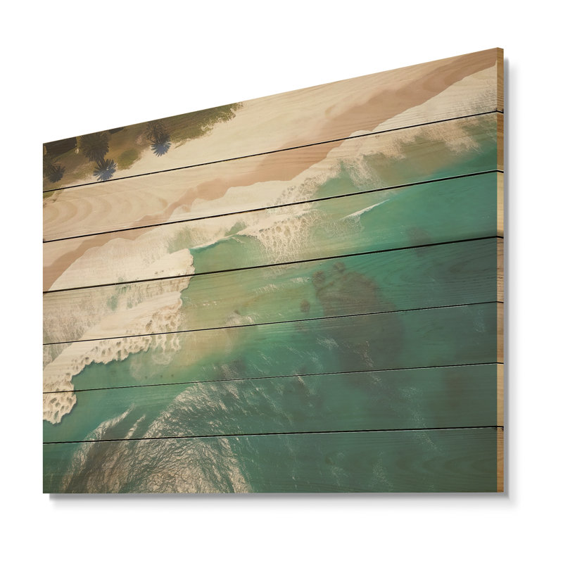 Vagues vertes vue aérienne II - plage sur bois, H 24 po x l 32 po x P 0,78 po