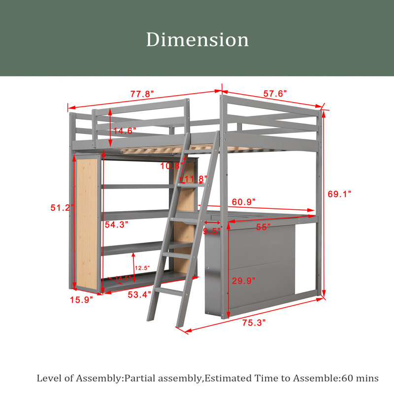 Graecen Kids Loft Bed with Drawers, Full, Gray