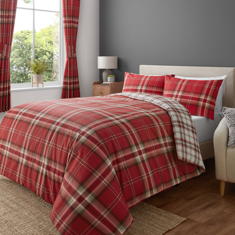 Kelso Check Reversible Duvet Cover Set, Double Duvet Cover + 2 Standard Pillowcases, Red