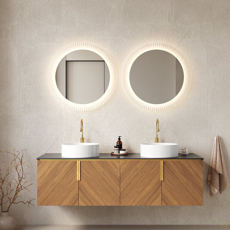 Meuble-lavabo 60 po avec lavabo, armoire de rangement murale flottante en contreplaqué avec 4 portes, 2 lavabos ronds en céramique et comptoir Sinte Stone