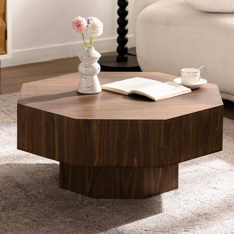 Table basse moderne de 29,69 pouces avec base de plancher et piédestal - couleur noyer, cadre pour bureau de salon, avec esthétique épinette minimaliste