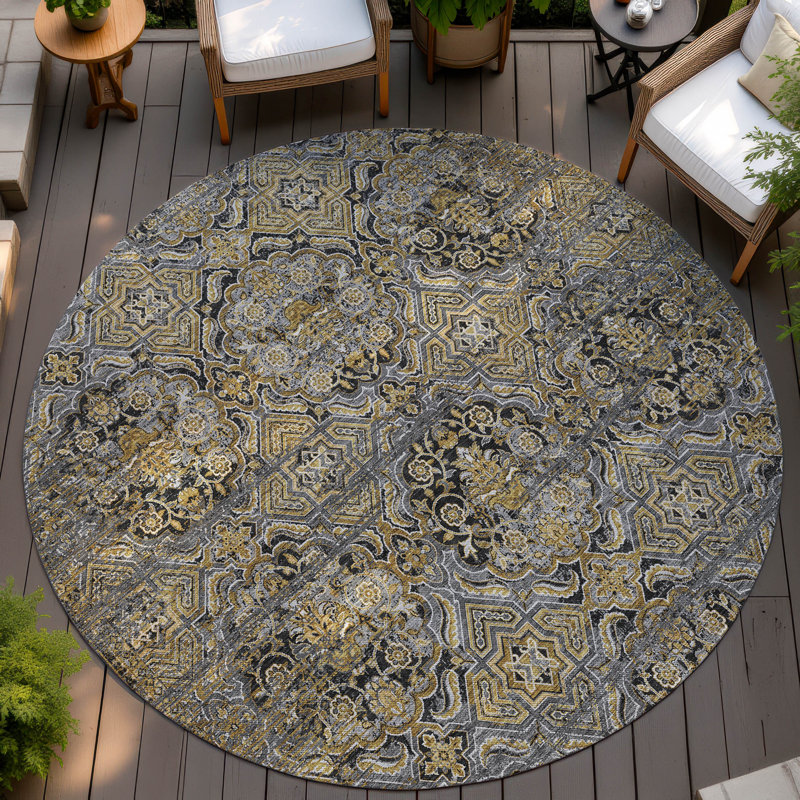 Tapis lavable à la machine intérieur / extérieur ACN2706, Noir, Rond 8 pi