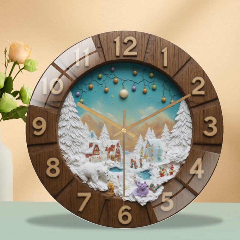 Noël-village-horloge-art diorama - horloge murale moderne en verre 12 po