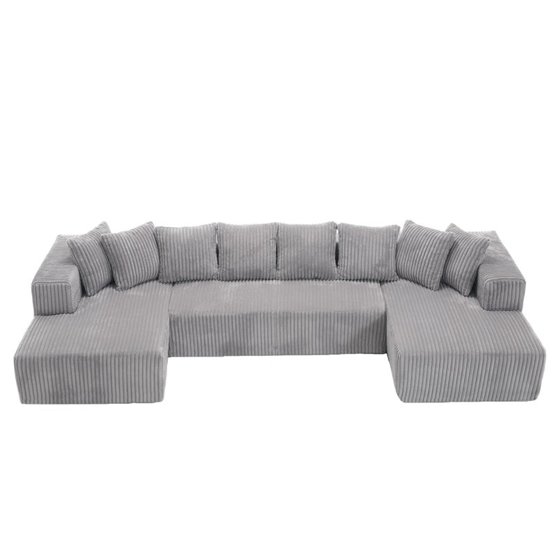 Boneless Modern Modular Oversized U-Shaped Sectional Sofa With 8 Pillows, Gray Corduroy