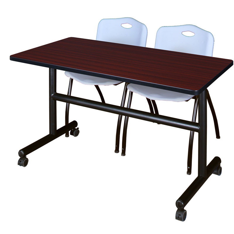 Table gigogne d'appoint Nevjana, 2 chaises empilables, H 29 po x l 60 po x P 30 po, Acajou, Gris
