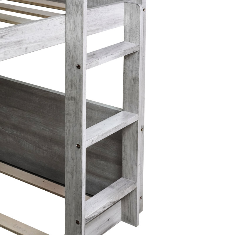 Lit simple superposé au-dessus du sol avec tête de lit à panneaux et blanc antique, fabriqué à partir de garde-corps en bois d'hévéa massif