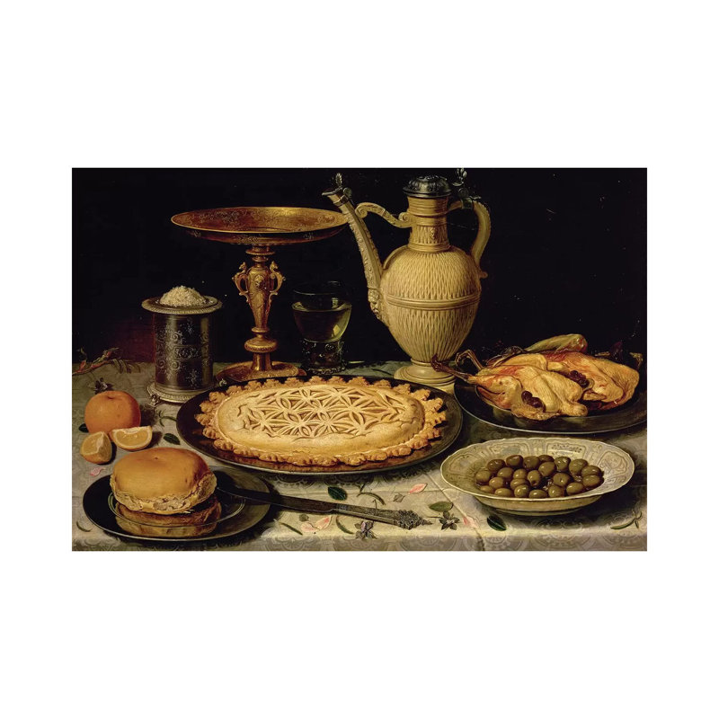 Still Life With A Tart, Roast Chicken, Bread, Rice And Olives by Clara Peeters - Wrapped Canvas Print