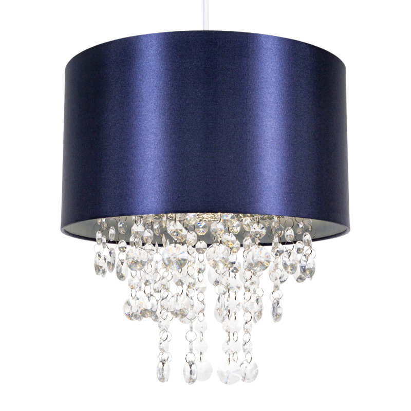 Modern Satin Fabric Pendant Light Shade with Acrylic Droplets, Blue, 17cm H x 30cm W x 30cm D
