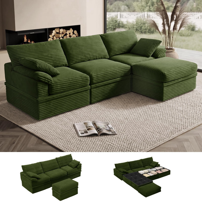 Canapé 3 places vert côtelé avec pouf, 3 sièges + 1 repose-pieds, Velours côtelé vert