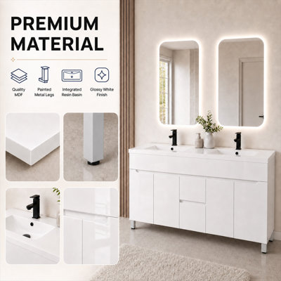Meuble-lavabo double moderne de 60 po à haute brillance, base seulement, lavabo non inclus