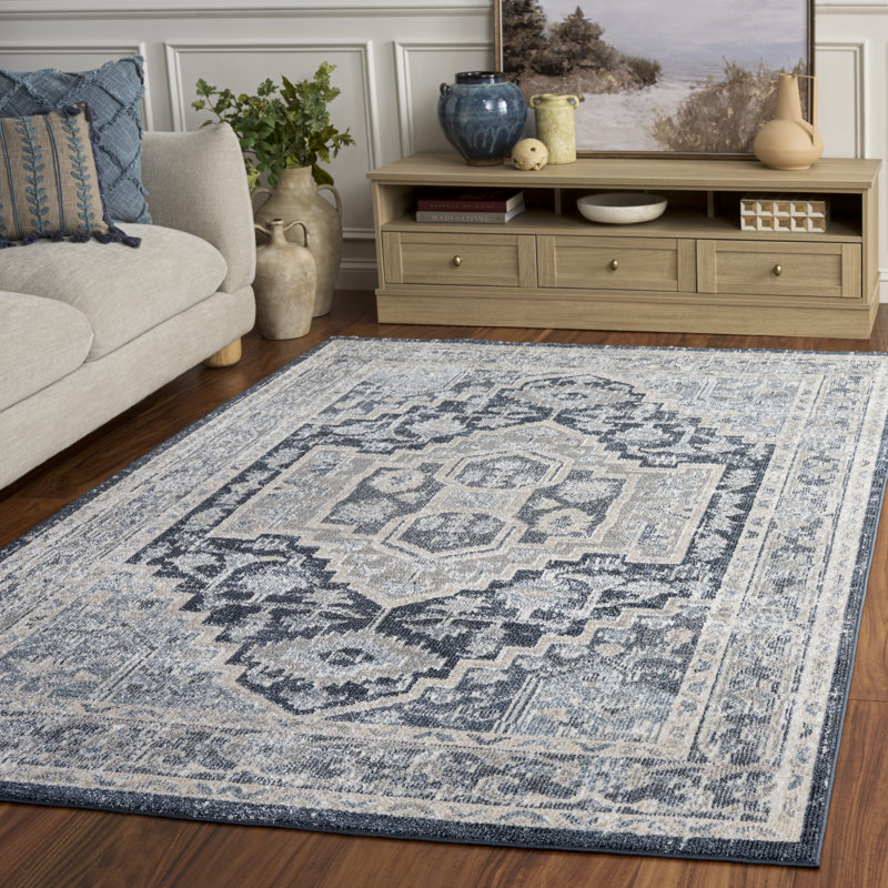 Tapis lavable Arora 210 en beige / bleu marine, Rectangle 5 pi 3 po x 7 pi 6 po