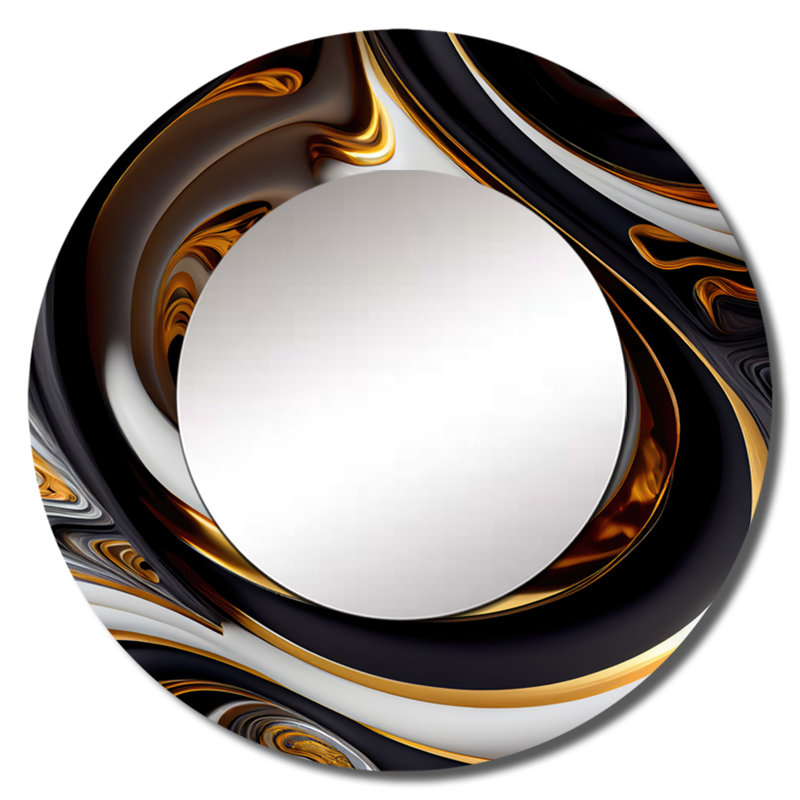 Prayas or et noir vitrail spirale IV - miroir spirales abstraites, miroir mural rond doré unique, art imprimé en métal