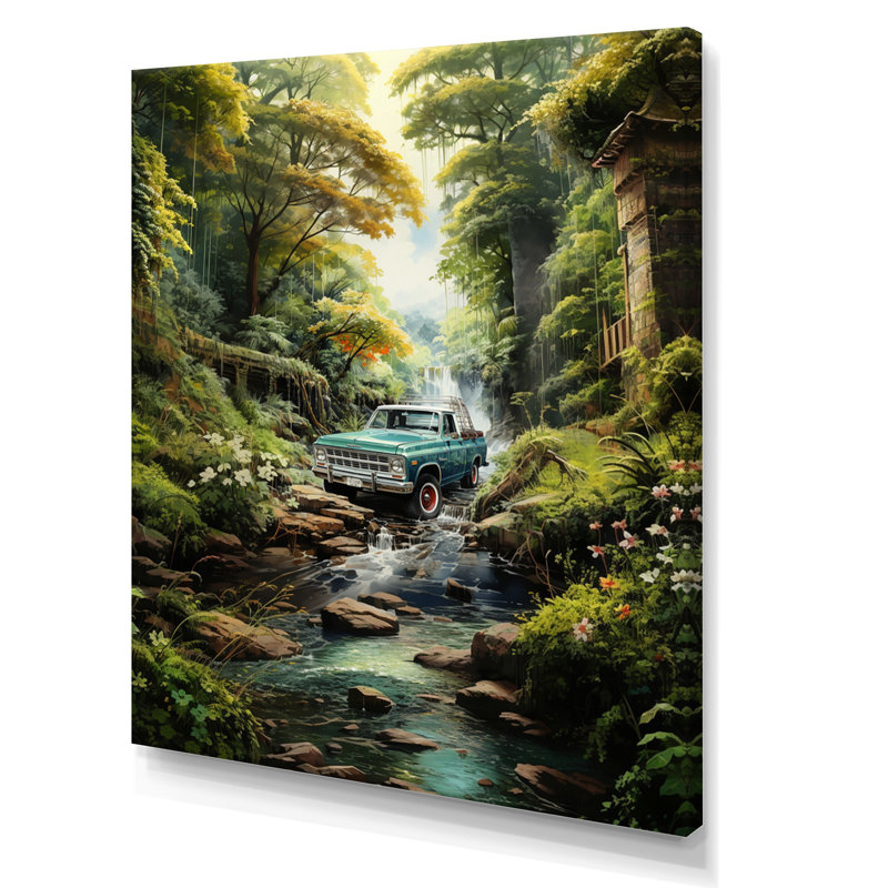 Camionnette Beitz verte, Enchanting Waterfall IV - impression, H 32 po x l 16 po x P 1 po, Toile tendue