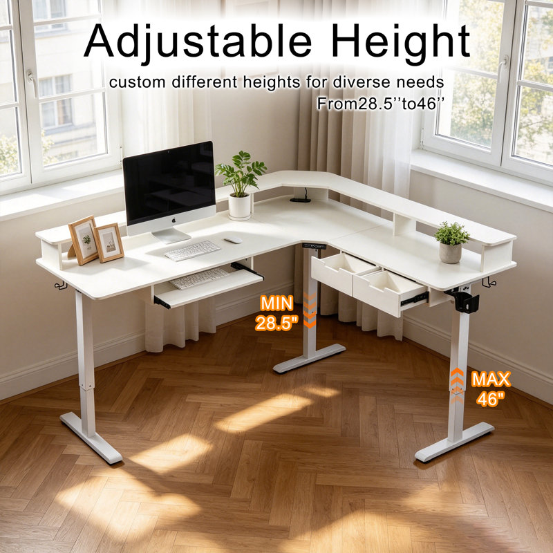 75" L-shaped Electric Standing Desk With Smart Hub & Height-adjustable Design, White