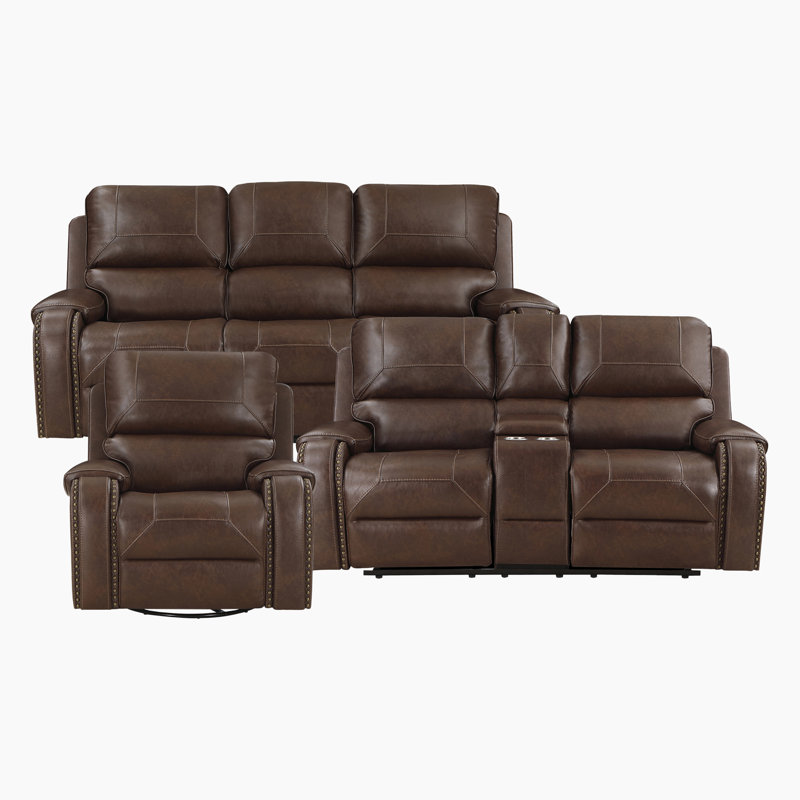 Ensemble inclinable 3 pièces en similicuir respirant avec console rabattable, ports de charge USB et garniture cloutée classique Xenja
