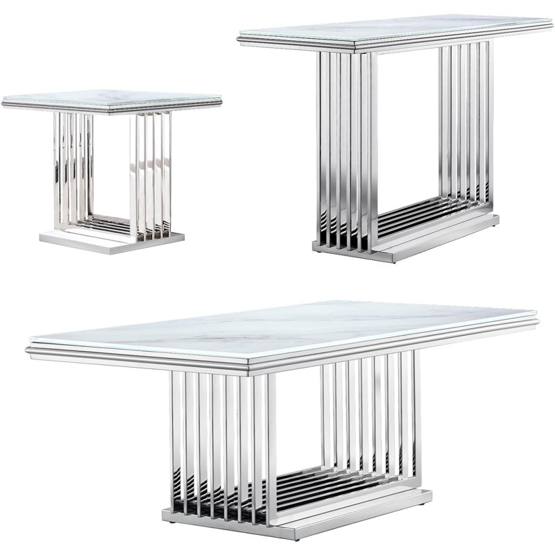 Ensemble de 3 tables de salon en verre trempé 3 pièces, Argent argent