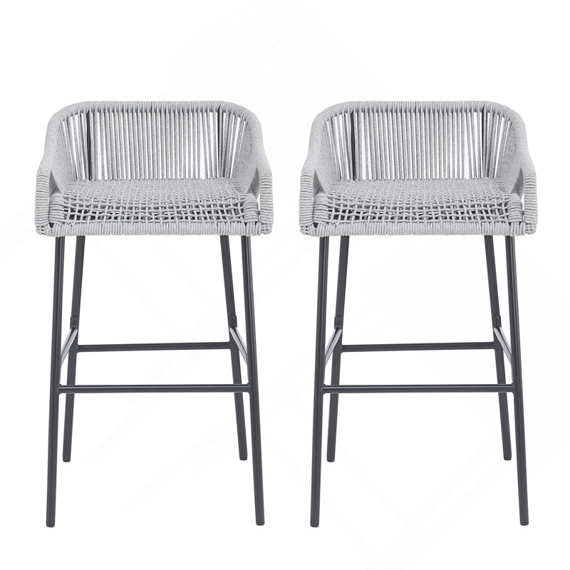 Tabouret de bar d'extérieur gris clair en corde, ensemble de 2, Gris clair