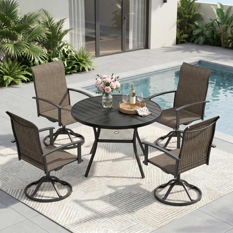 4-Person Round Patio Dining Set With Swivel PVC-Coated Polyester Chairs, Black/Brown