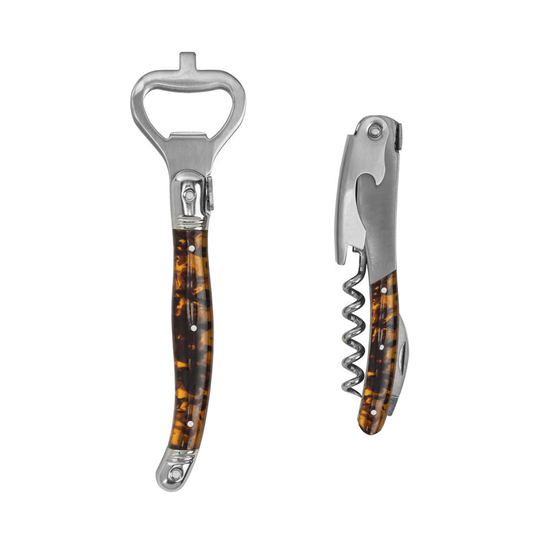 French Home Laguiole Barware Bottle Opener & Corkscrew Set With Tortoise Shell Handles