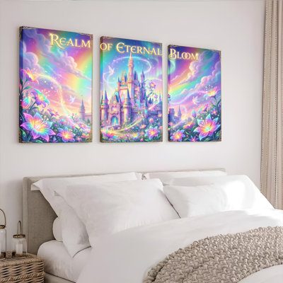 Realm Of Eternal Bloom Fantasy Castle And Flowers Canvas Wrapped Wall Art Set Of 3