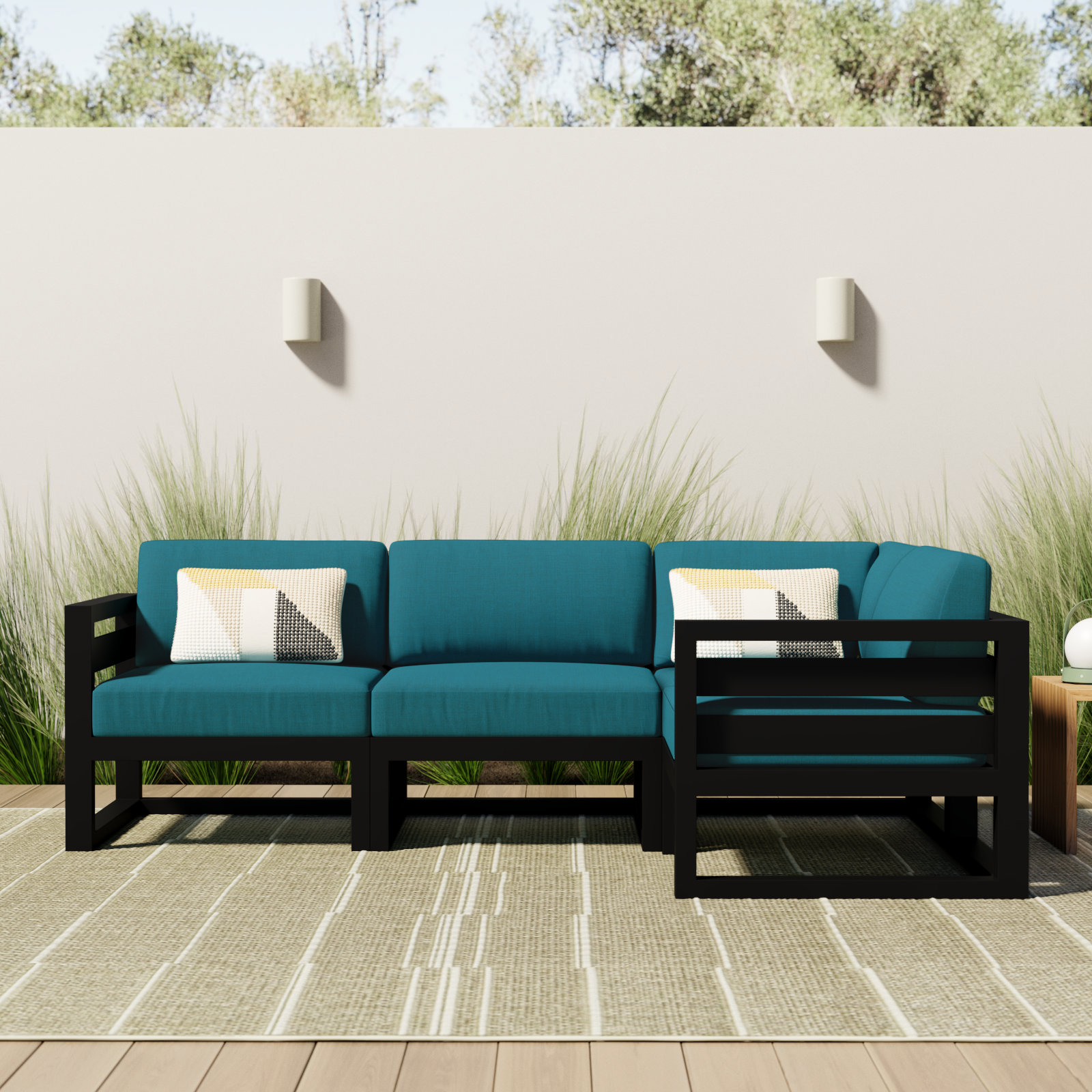 Smith 94" Outdoor Sectional with Sunbrella Cushions, Spectrum Peacock, Black