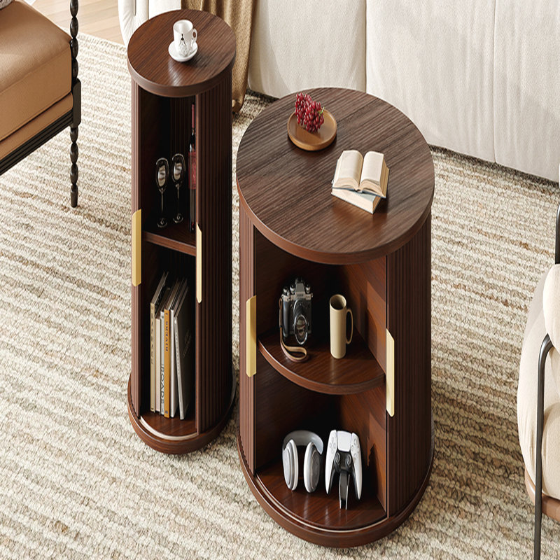 Round Fluted Coffee Table Set With Sliding Tambour Door And Storage, Walnut