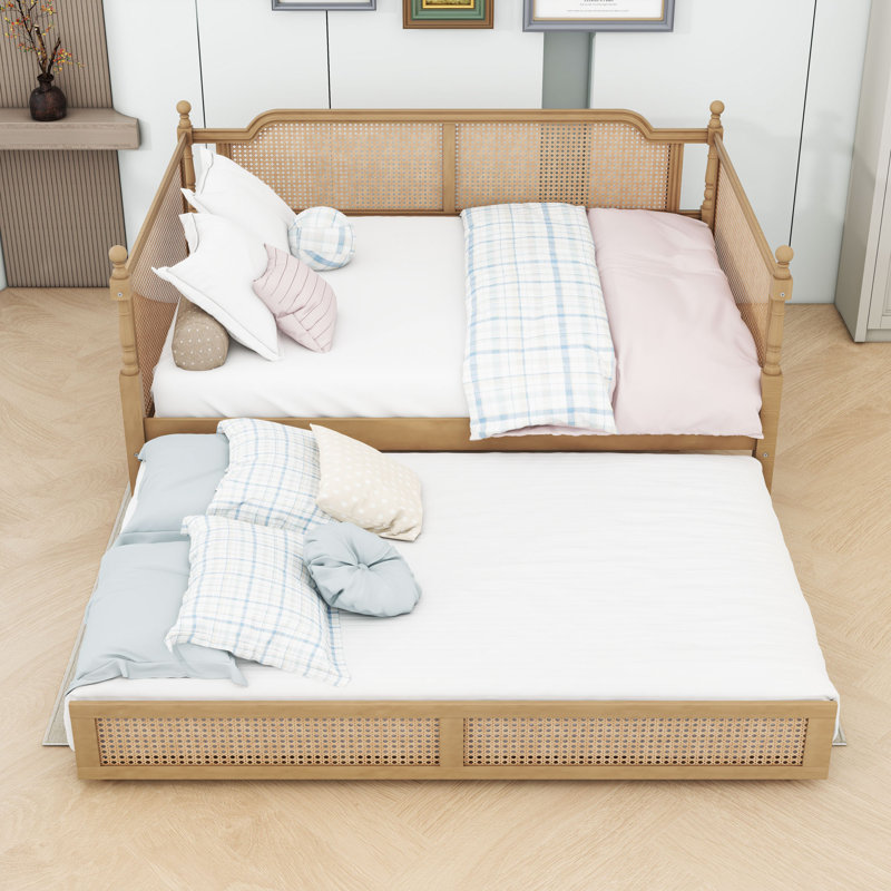 Rattan Wooden Daybed with Trundle, Full/Double, Antique Walnut