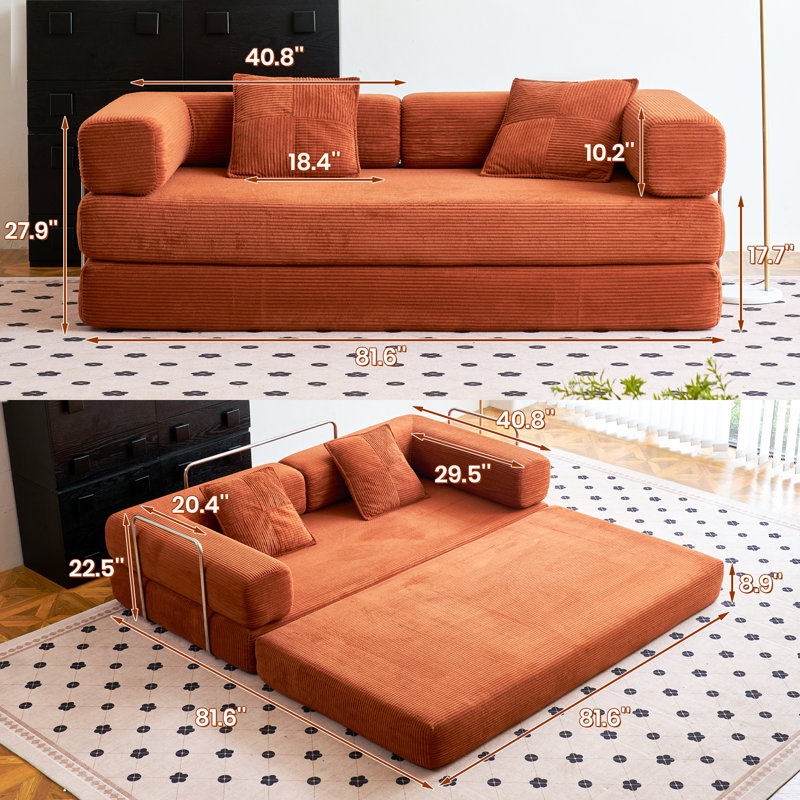 Canapé-lit Boneless Convertible, Orange, H 27,9 po x l 81,6 po x P 40,8 po