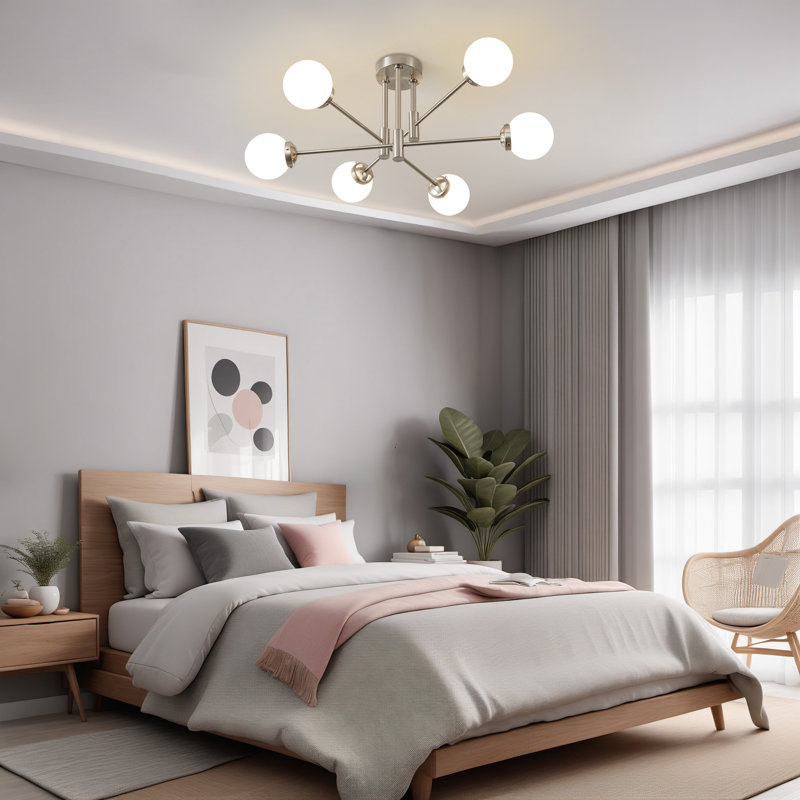 Lustre moderne Tameya Spoutnik avec abat-jour en verre blanc laiteux, Nickel