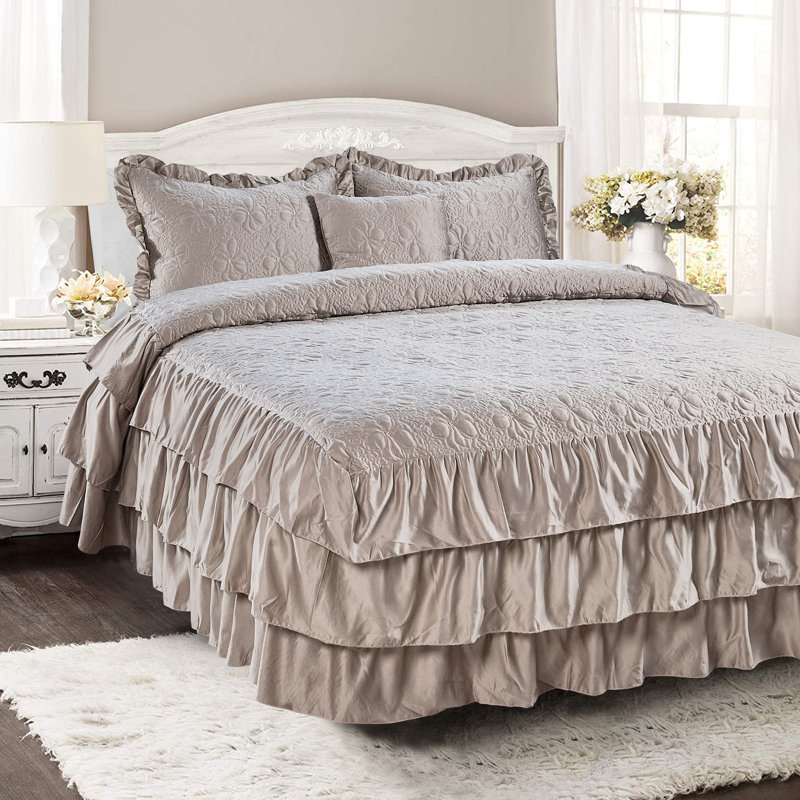 4 Piece Ruffle Matte Satin Bedspread Set, Taupe, Queen Coverlet + 2 Shams + Throw pillow