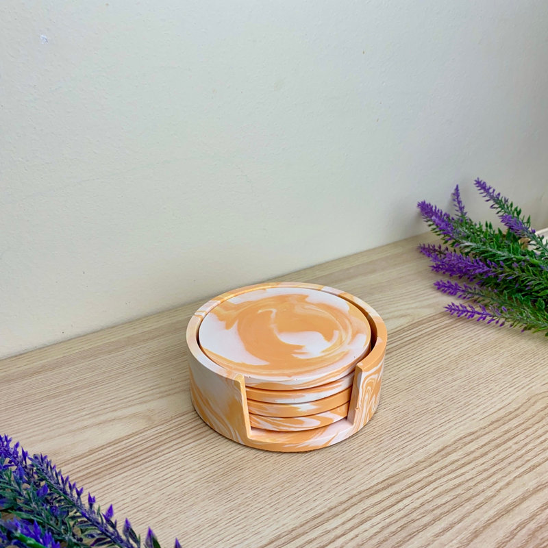 Stoneware Round 4 Piece Coaster Set With Holder, Orange