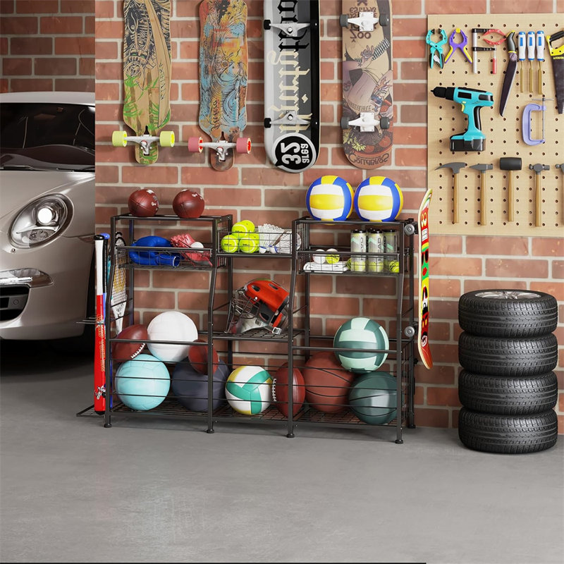 Rangement pour équipement de sport de garage, support de rangement pour balle de garage, système d'organisation de garage, support de tablette intérieur / extérieur pour équipement de sport