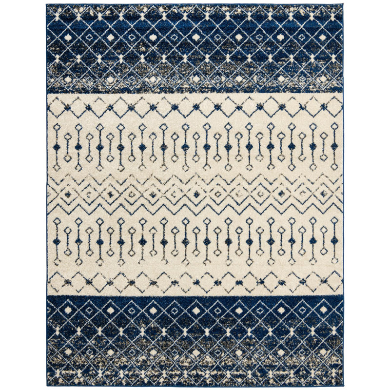 Tapis abstrait en polypropylène tissé à la machine Bradley-Joe en ivoire / bleu marine, Rectangle 7 pi 10 po x 10 pi